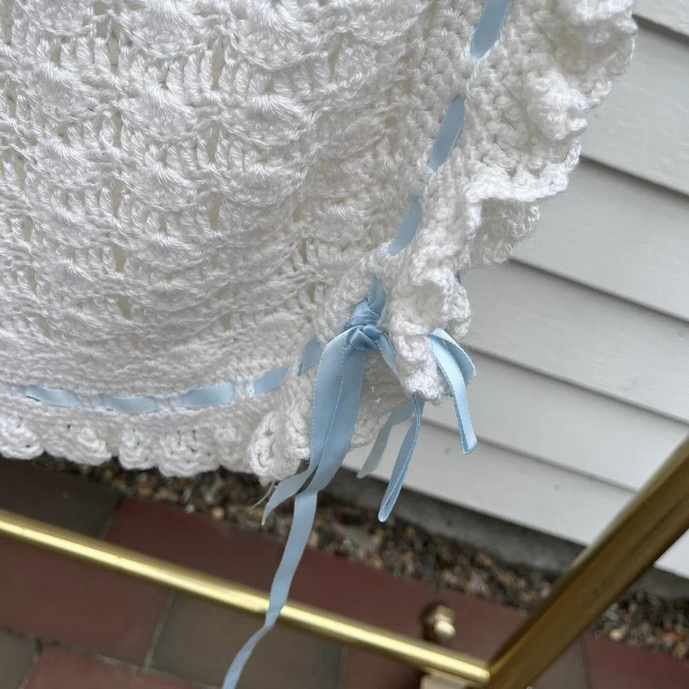 Baby Crochet White Beautiful Blanket With Blue Satin Ribbon Trim, Unused 42